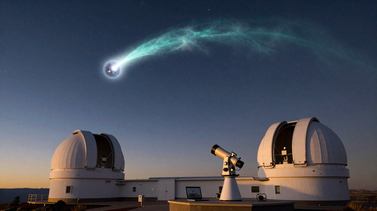 Observatório astronômico à noite com telescópios e um objeto celeste brilhante com cauda luminosa no céu.