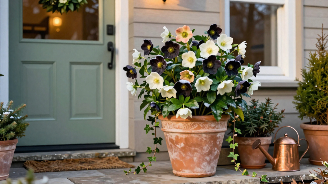 Jardim com vasos de barro contendo flores variadas na entrada de uma casa com porta verde.