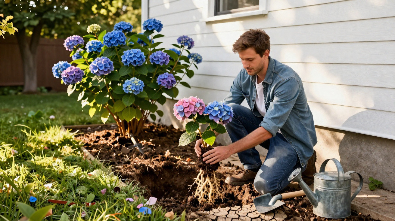 Homem plantando hortênsia rosa e azul em jardim ao lado de casa durante o dia.