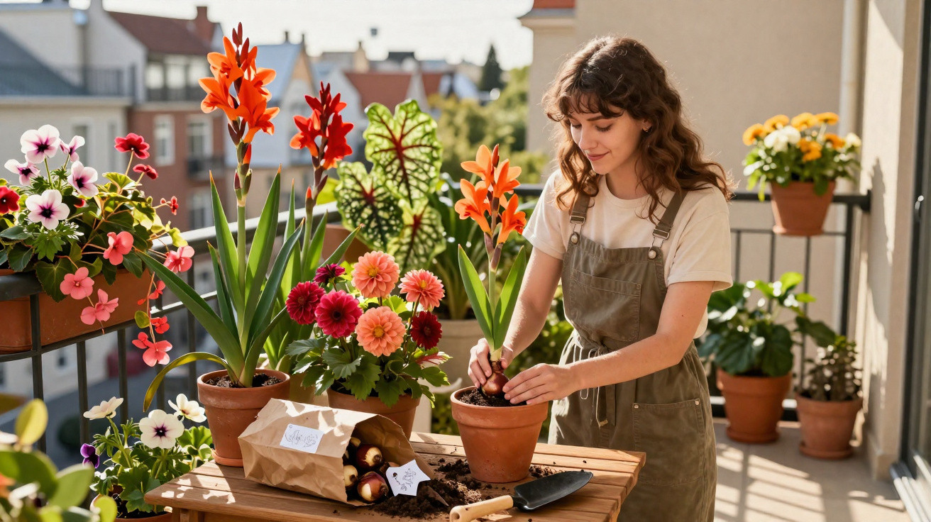 Mulher cuidando de flores em vasos em uma varanda ensolarada durante o dia.