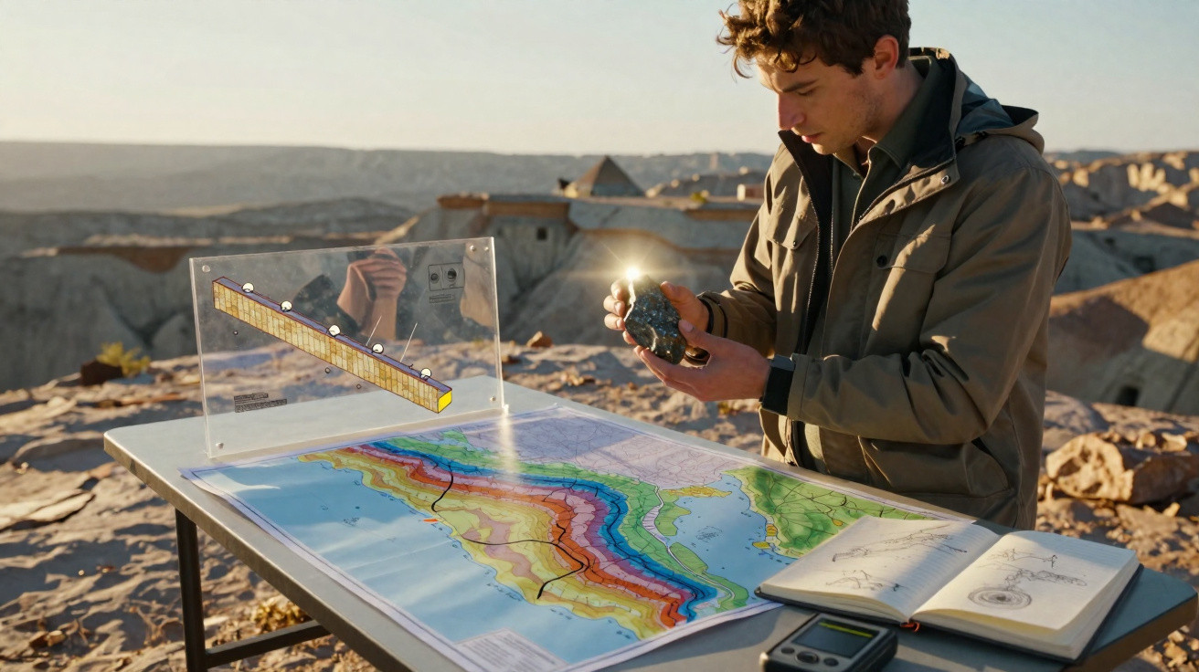 Homem analisando amostra de rocha com mapa geológico e caderno aberto em mesa no deserto.