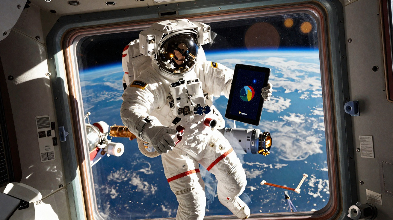 Astronauta em traje espacial segurando tablet dentro da estação espacial com vista da Terra ao fundo.