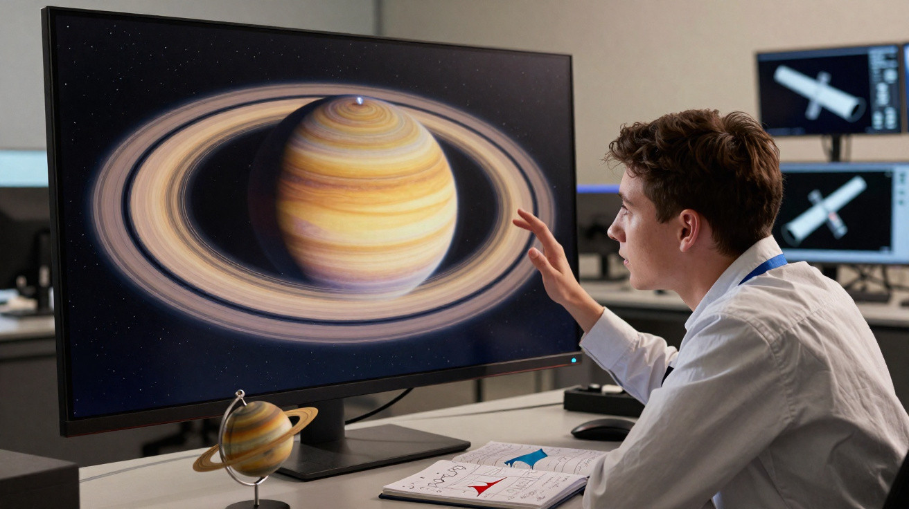 Jovem cientista analisa imagem do planeta Saturno na tela de computador em laboratório.