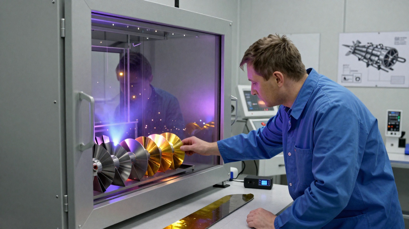 Homem em jaleco azul manipula peça metálica dourada dentro de equipamento industrial com luzes roxas.