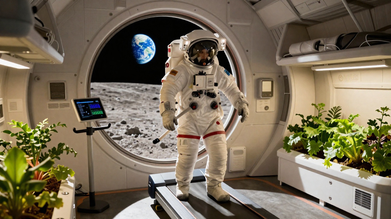 Astronauta em esteira na base lunar com plantas e vista da Terra pela janela circular.