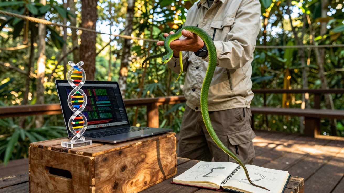 Pesquisador segura cobra verde ao lado de notebook com dados genéticos e modelo de DNA em área de floresta.