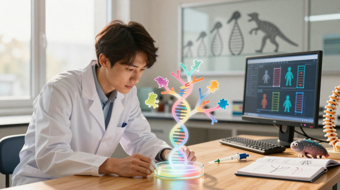 Pesquisador em laboratório analisando uma molécula de DNA holográfica colorida em uma placa de Petri.
