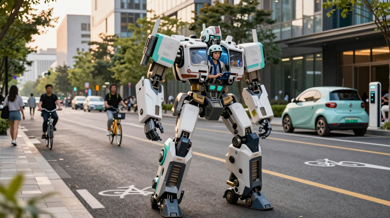 Homem dentro de robô gigante andando em rua urbana com ciclistas e pedestres ao redor.