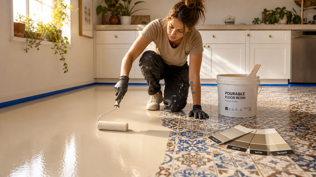 Mulher aplicando resina líquida brilhante em piso de azulejos decorativos na cozinha.