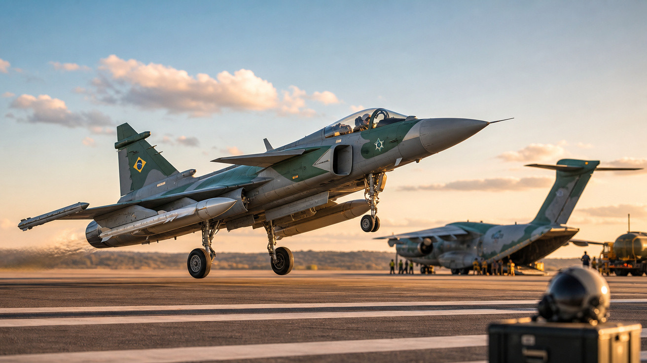 Caça militar brasileiro decolando em pista durante o pôr do sol com aeronave e pessoas ao fundo.
