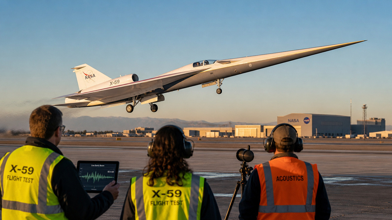 Avião experimental X-59 da NASA decolando com equipe de teste observando na pista ao entardecer.