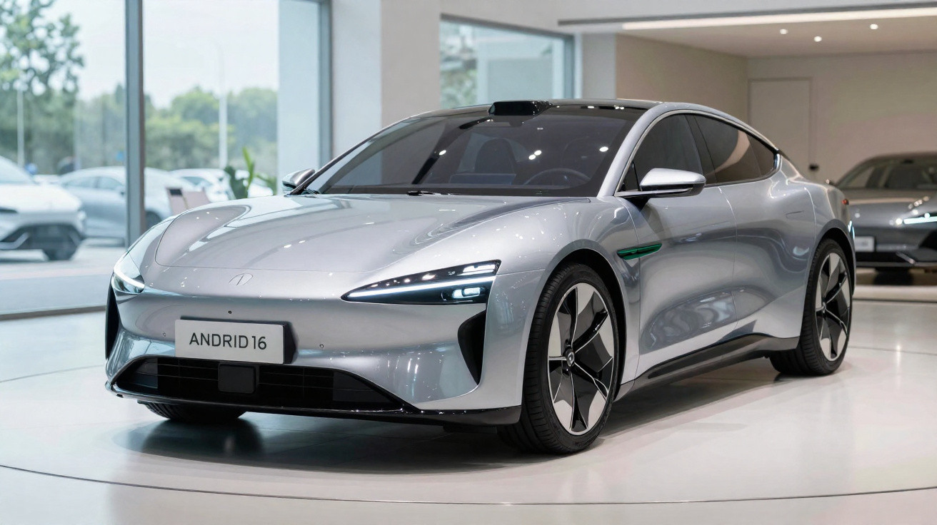 Carro esportivo elétrico prata em exposição interna, com design aerodinâmico e faróis em LED finos.
