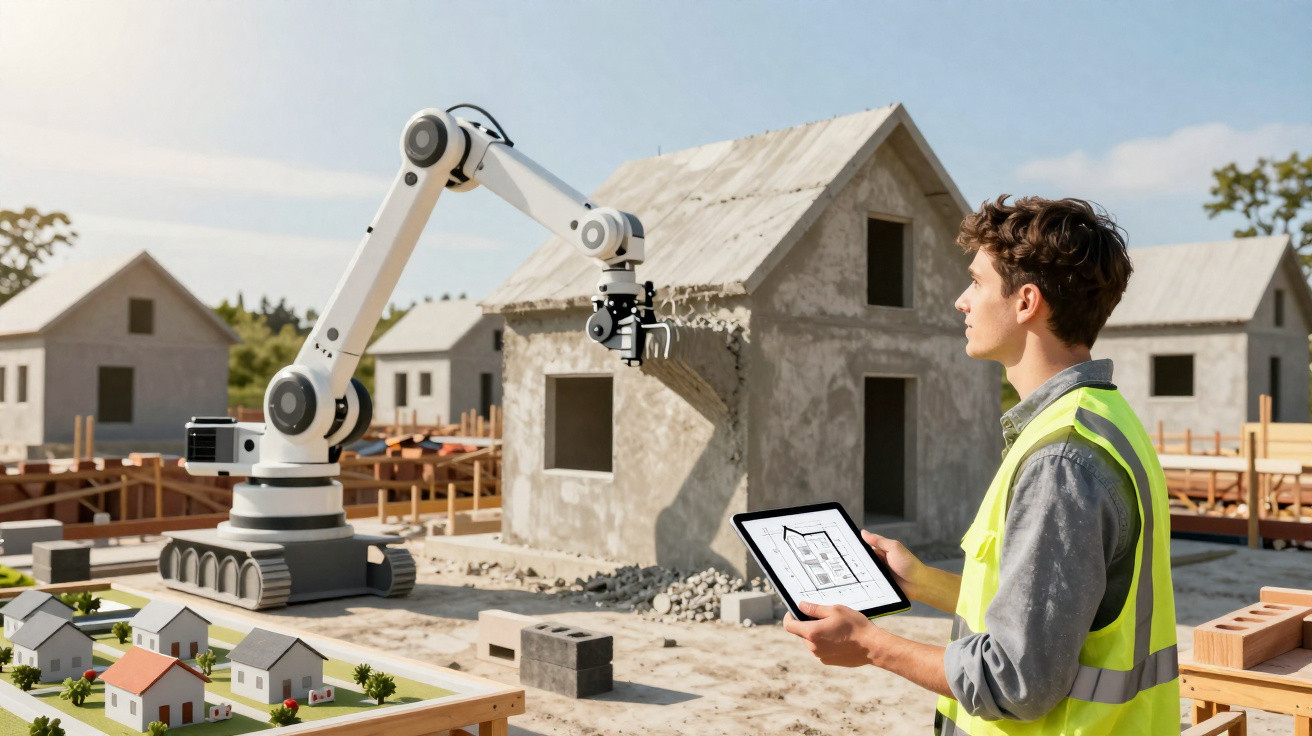 Engenheiro com colete refletivo segura tablet em obra com robô construindo casa em maquete.