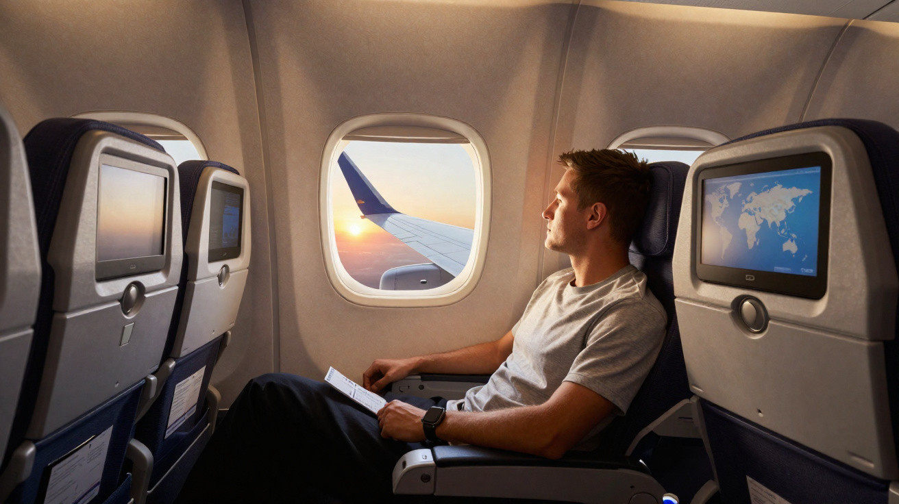 Homem sentado em avião olhando pela janela para o céu ao pôr do sol durante voo.