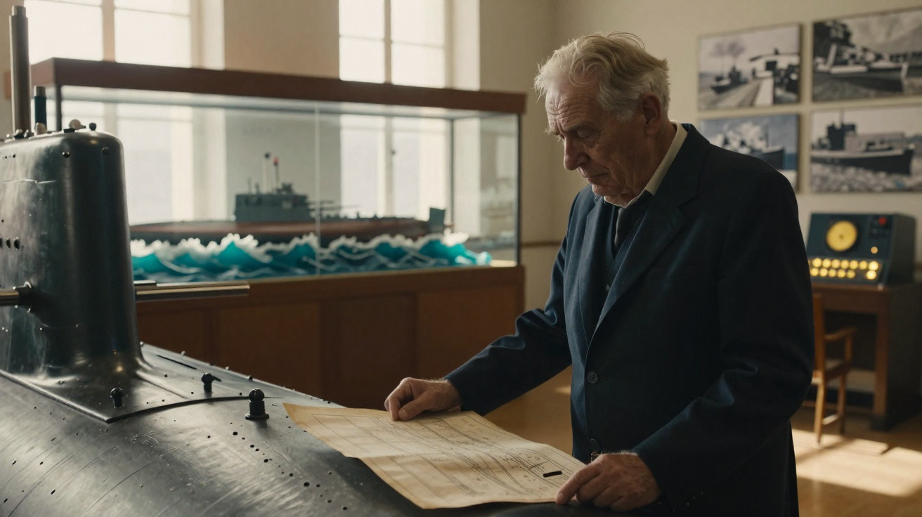 Homem idoso observando planta de submarino em sala com maquete e equipamentos náuticos.