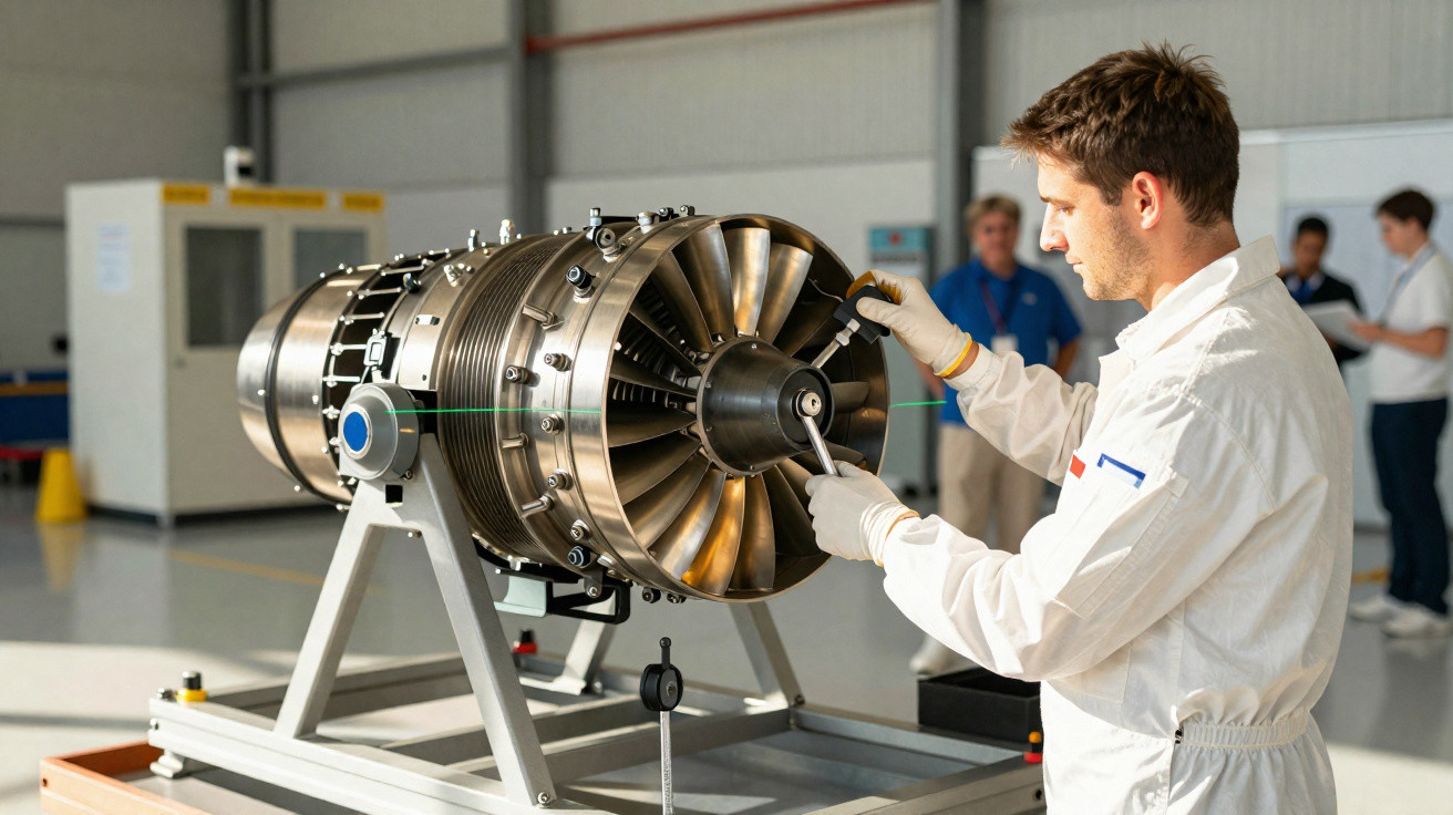 Técnico ajusta peça de motor a jato em equipamento de teste dentro de oficina industrial.