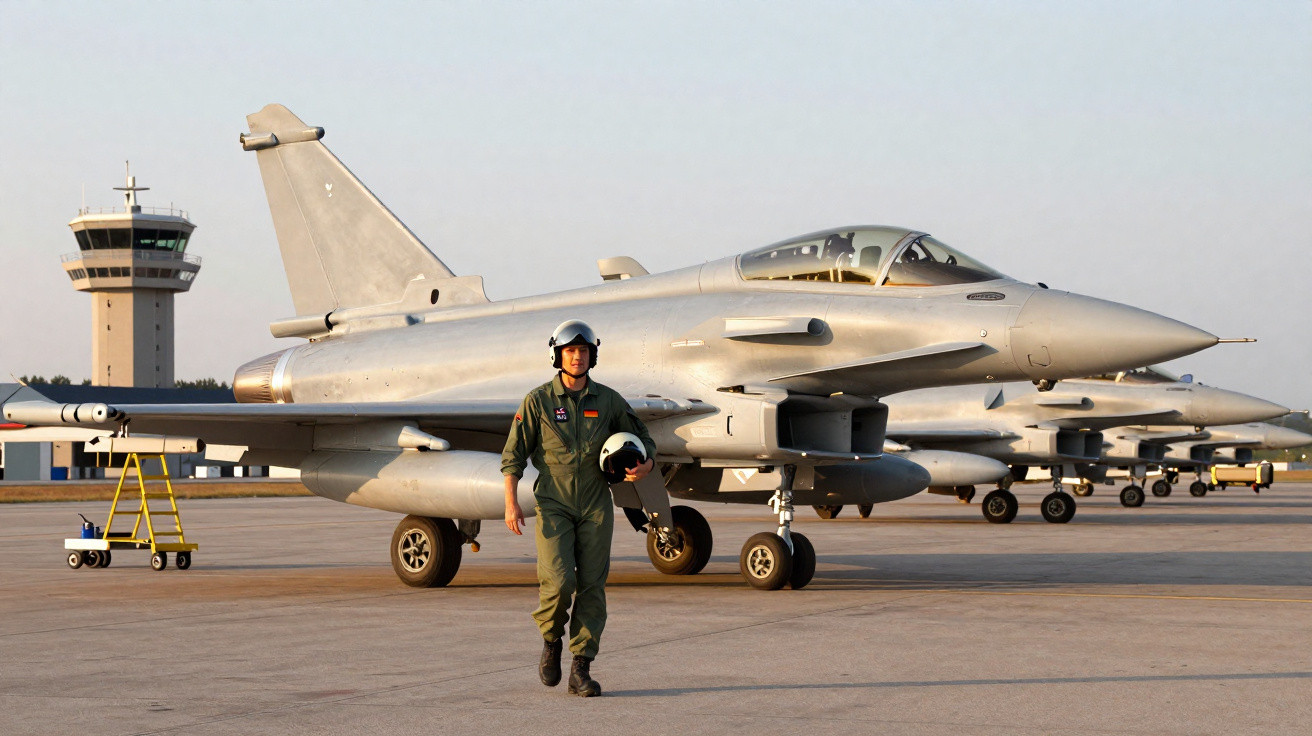 Piloto militar caminhando próximo a jatos de combate estacionados em pista de aeroporto com torre de controle ao fundo.