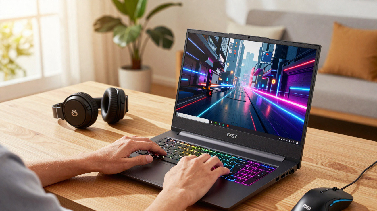 Pessoa usando notebook gamer MSI com teclado iluminado em mesa de madeira ao lado de fones e mouse.
