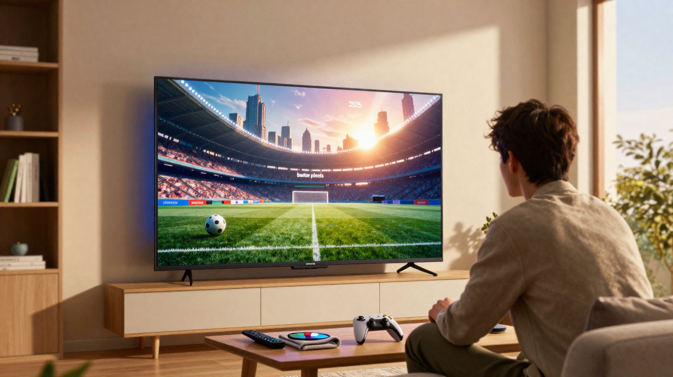 Jovem sentado no sofá jogando videogame de futebol em uma TV grande na sala iluminada.