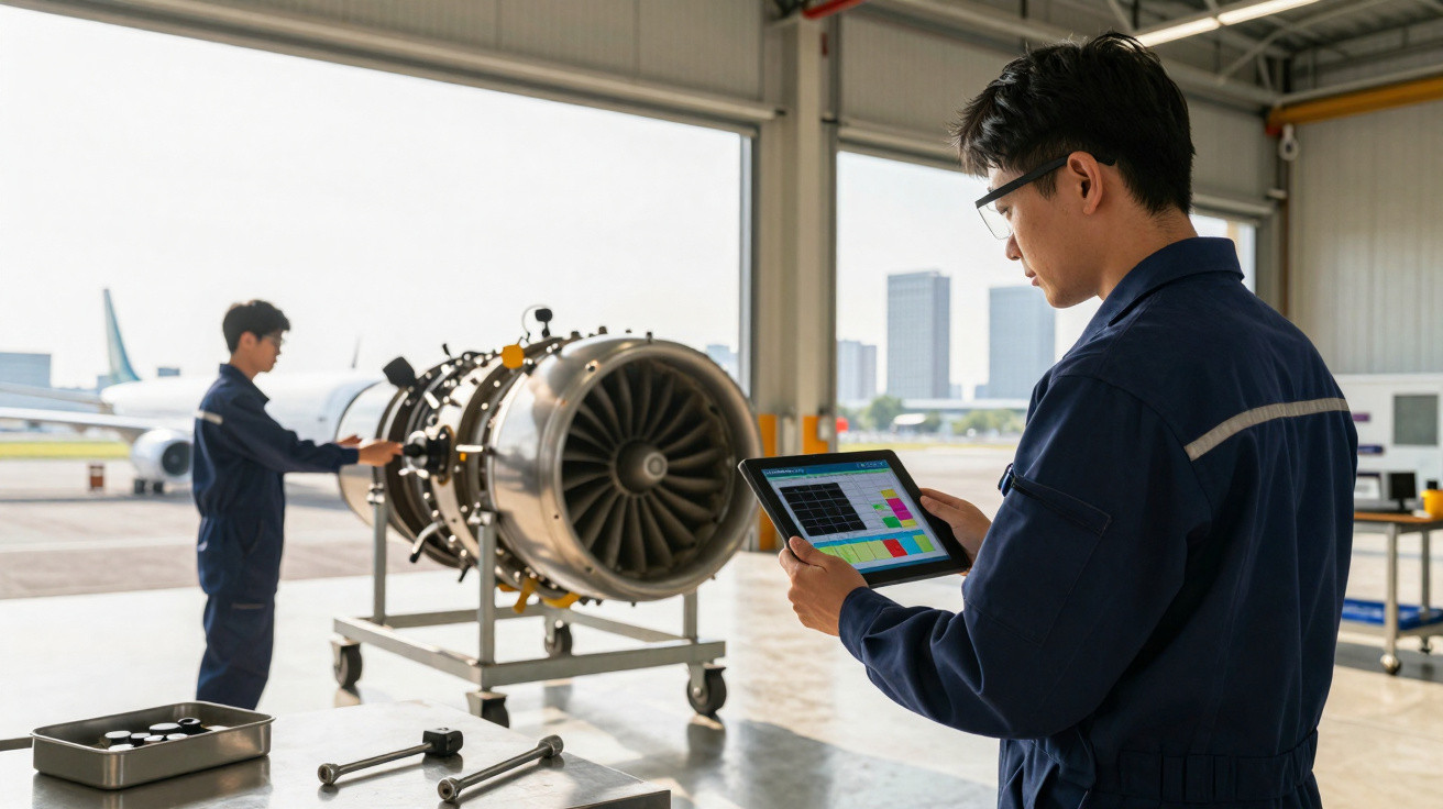 Técnicos em uniforme azul inspecionando motor de avião em hangar com tablet e ferramentas.