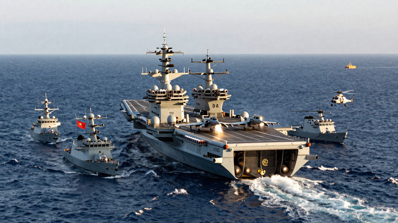 Porta-aviões e navios de guerra em operação naval com helicóptero sobrevoando no mar aberto.