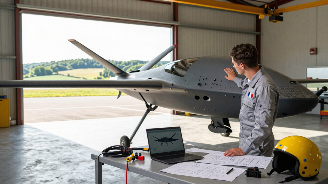 Homem em uniforme técnico inspeciona drone em hangar com laptop, capacete amarelo e plantas na mesa.