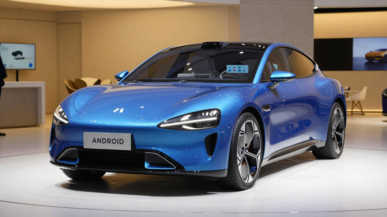 Carro esportivo azul elétrico Android em exposição interna, com design moderno e faróis afilados.