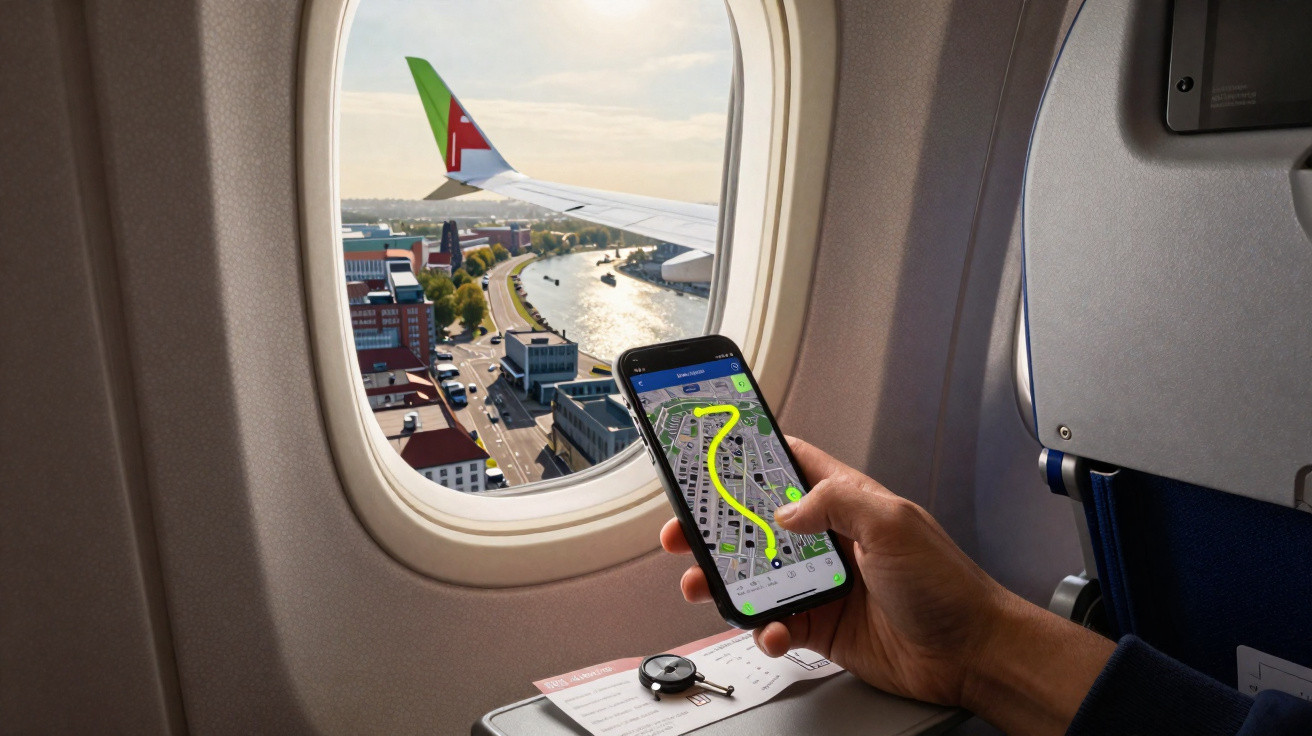 Mão segurando celular com mapa, vista da janela de avião mostrando a asa e cidade abaixo.