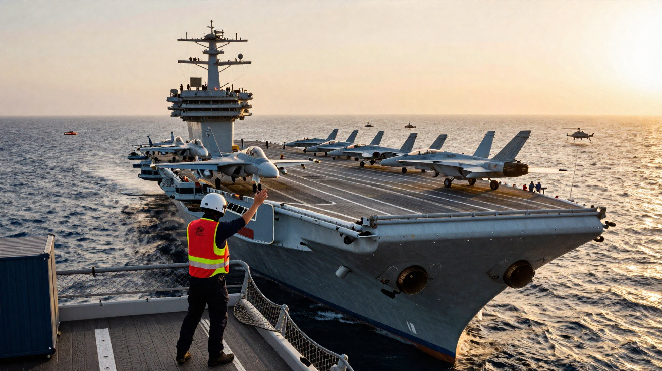 Porta-aviões no mar ao pôr do sol com avião militar pousando e pessoa sinalizando no convés próximo.