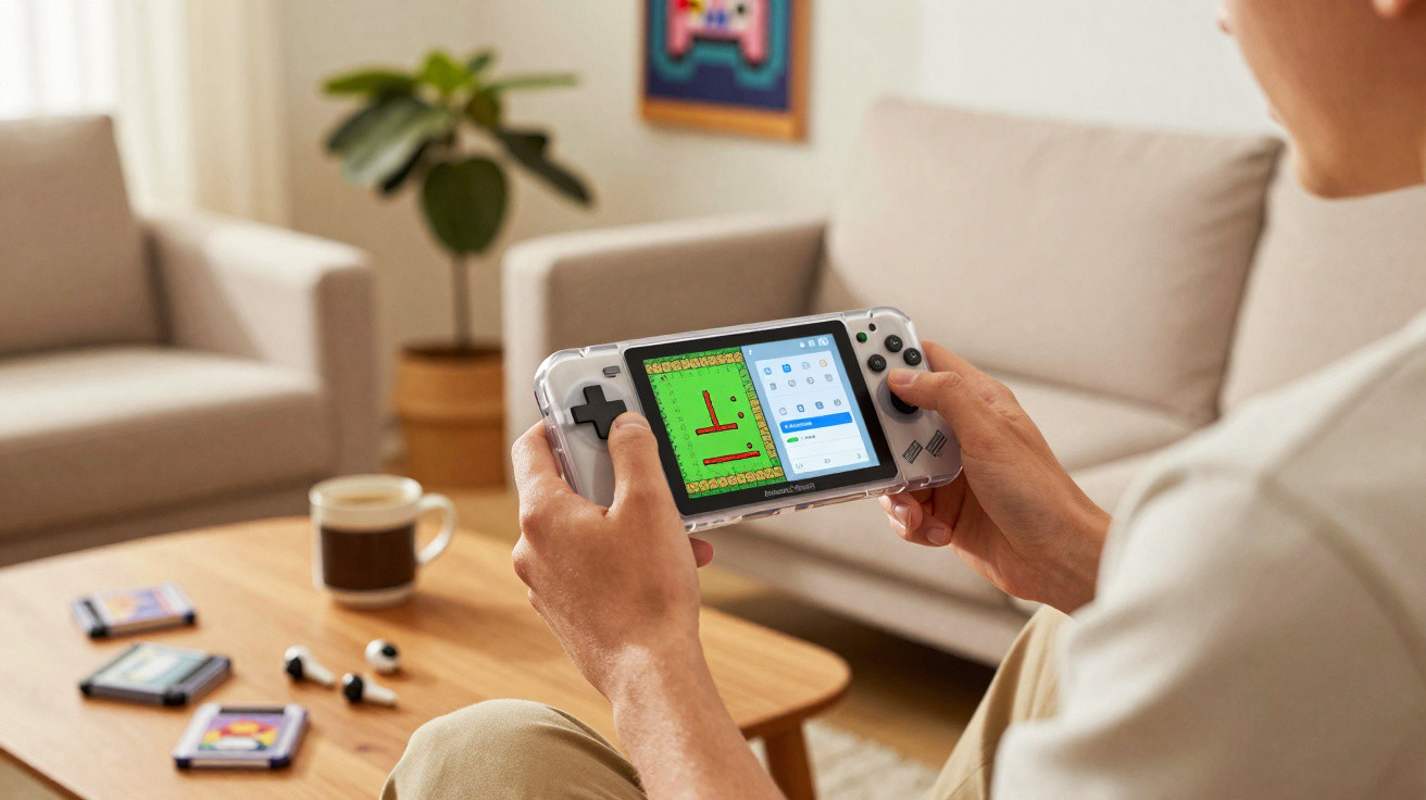 Pessoa segurando console portátil jogando jogo retrô em sala com sofá, mesa, café e fones de ouvido.