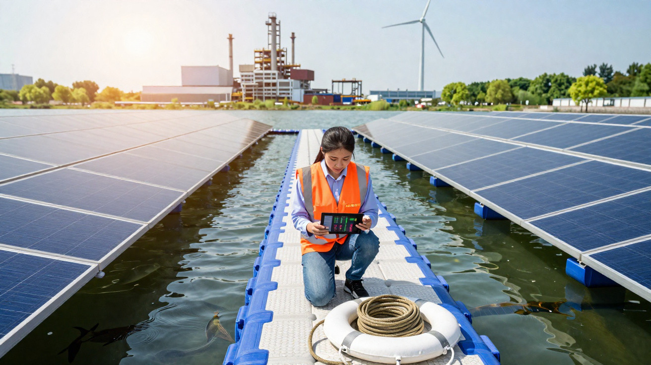 Mulher com colete laranja analisa dados em tablet entre painéis solares flutuantes com turbina e indústria ao fundo.
