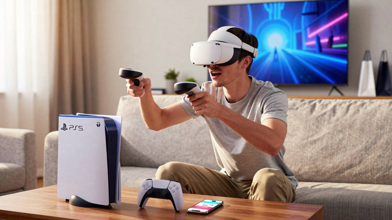 Jovem usando óculos de realidade virtual e controles jogando videogame ao lado de console PS5 na sala.