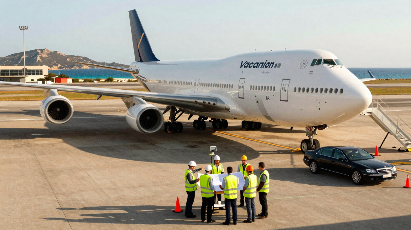 Avião branco estacionado no aeroporto com grupo de trabalhadores de colete refletivo discutindo próximo a ele.
