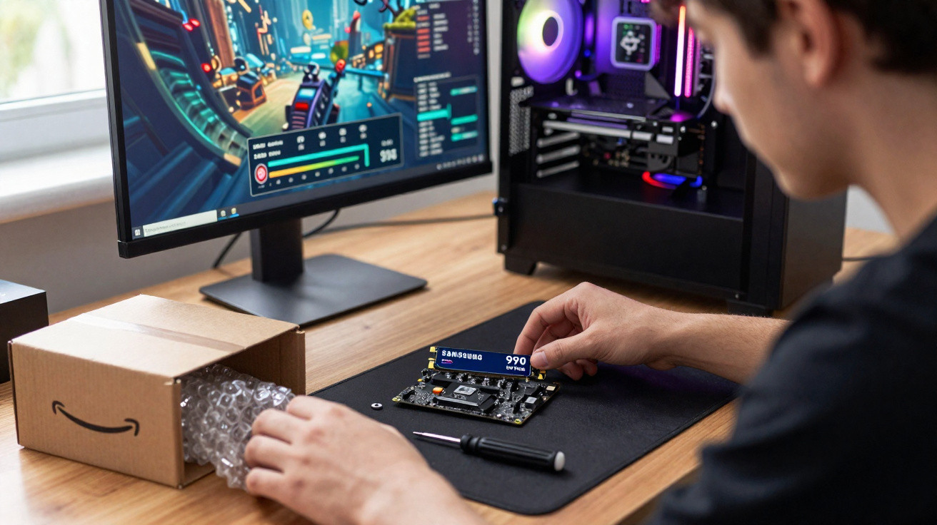 Pessoa instalando um SSD Samsung em uma placa-mãe, com monitor e caixa de computador ao fundo.