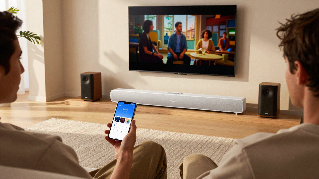 Duas pessoas assistindo TV em sala com sistema de som de barra e smartphone controlando a reprodução.