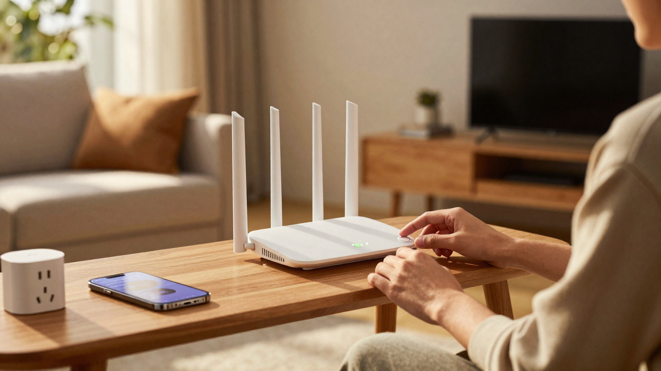 Pessoa ajustando roteador Wi-Fi branco em mesa de madeira com celular e tomada perto em sala.