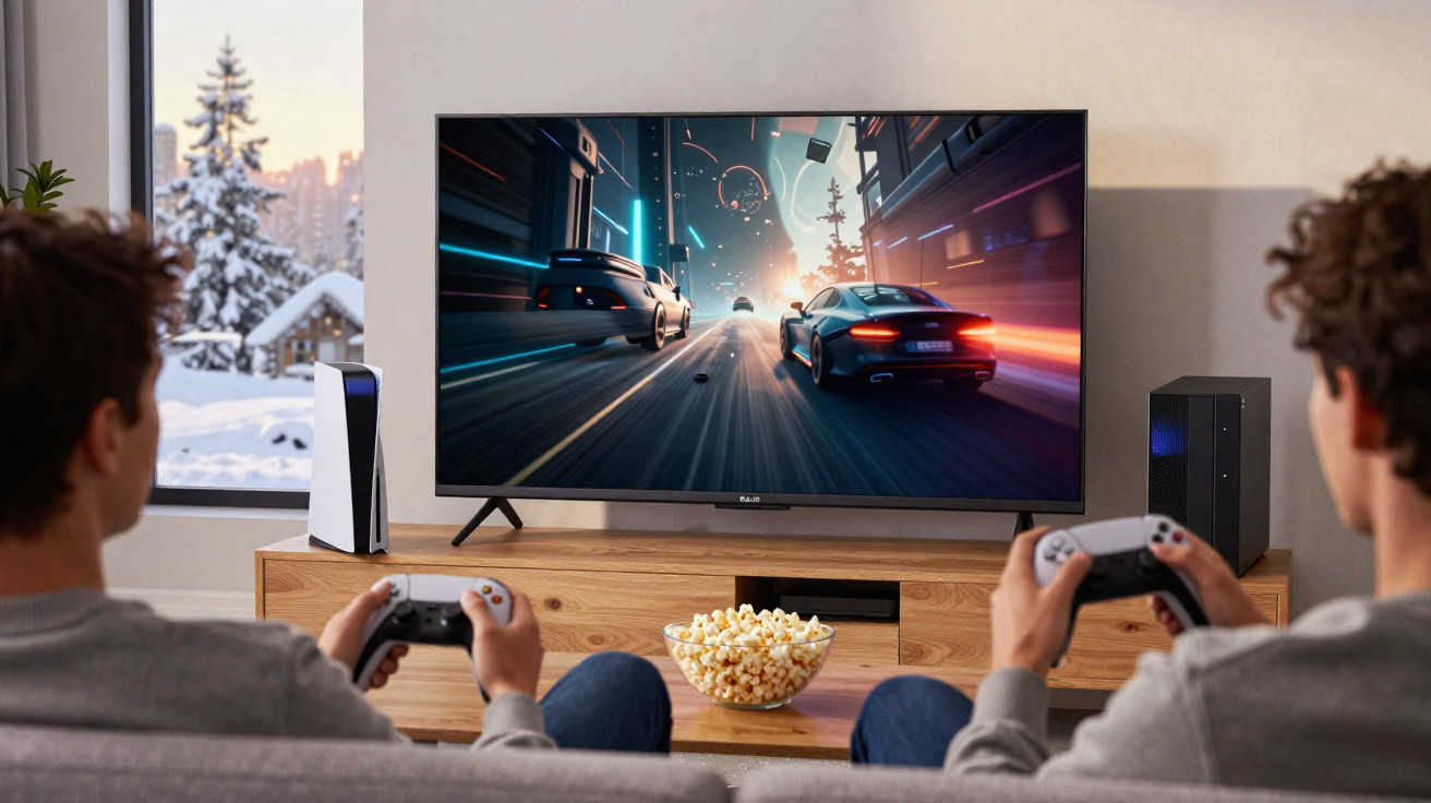 Dois jovens jogando videogame de corrida em uma TV grande, com bowl de pipoca entre eles.