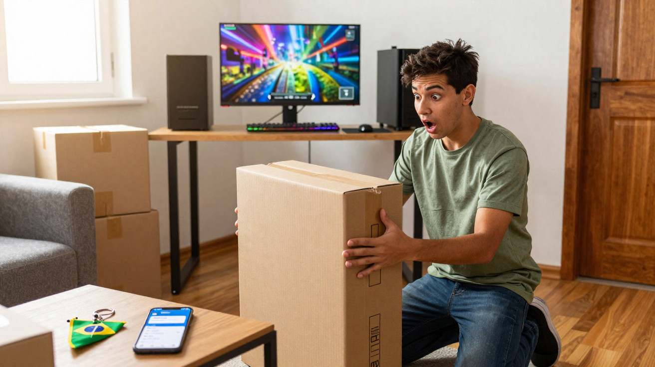 Jovem surpreso abre caixa grande em sala com computador e caixas ao fundo.