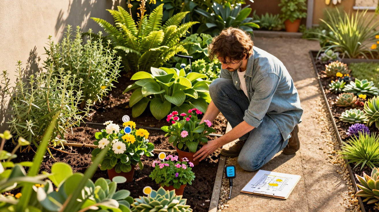 Homem agachado plantando flores em jardim com várias plantas e flores coloridas.