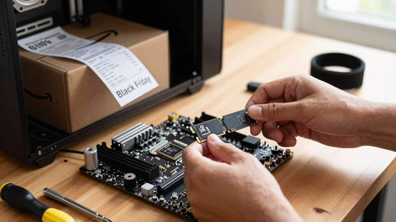 Mãos instalando um SSD em placa-mãe sobre mesa de madeira com caixa e adesivo Black Friday ao fundo.