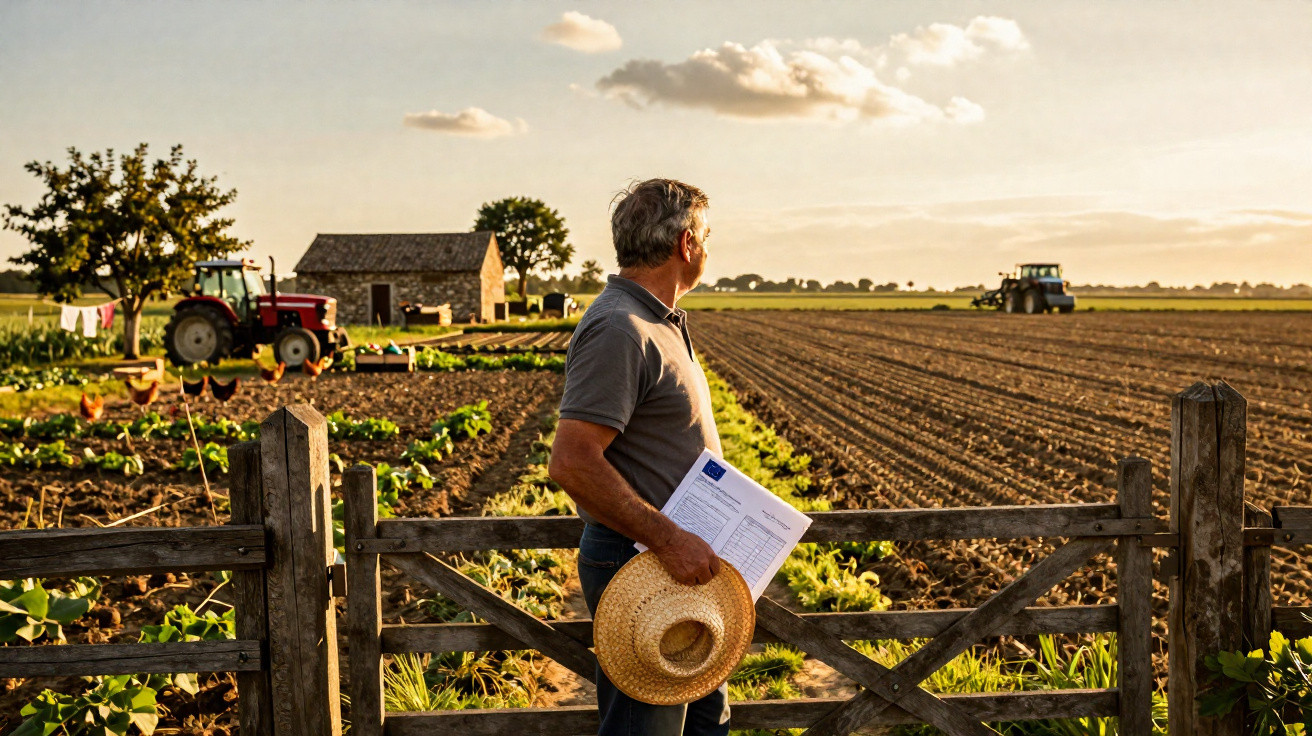 Homem com chapéu na mão observa plantação e tratores em fazenda ao entardecer.