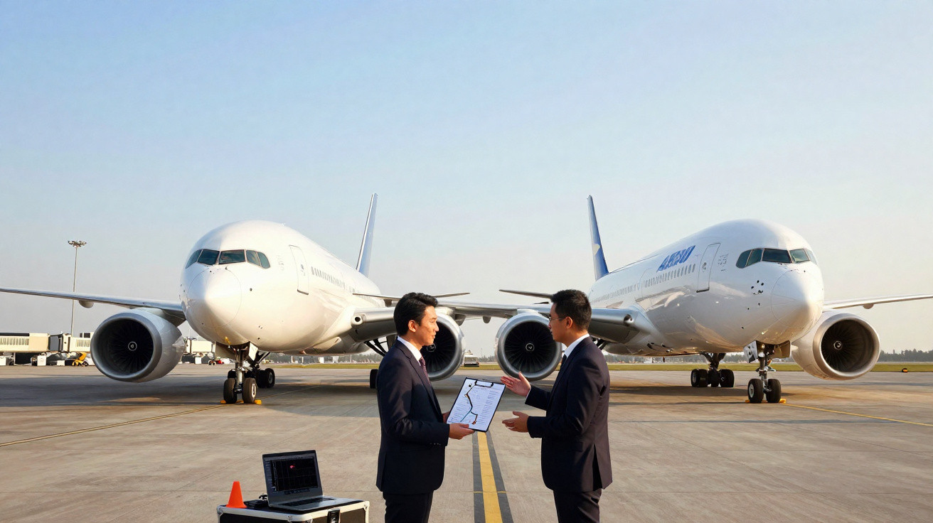 Dois homens em terno conversando em pista de aeroporto com dois aviões brancos ao fundo.