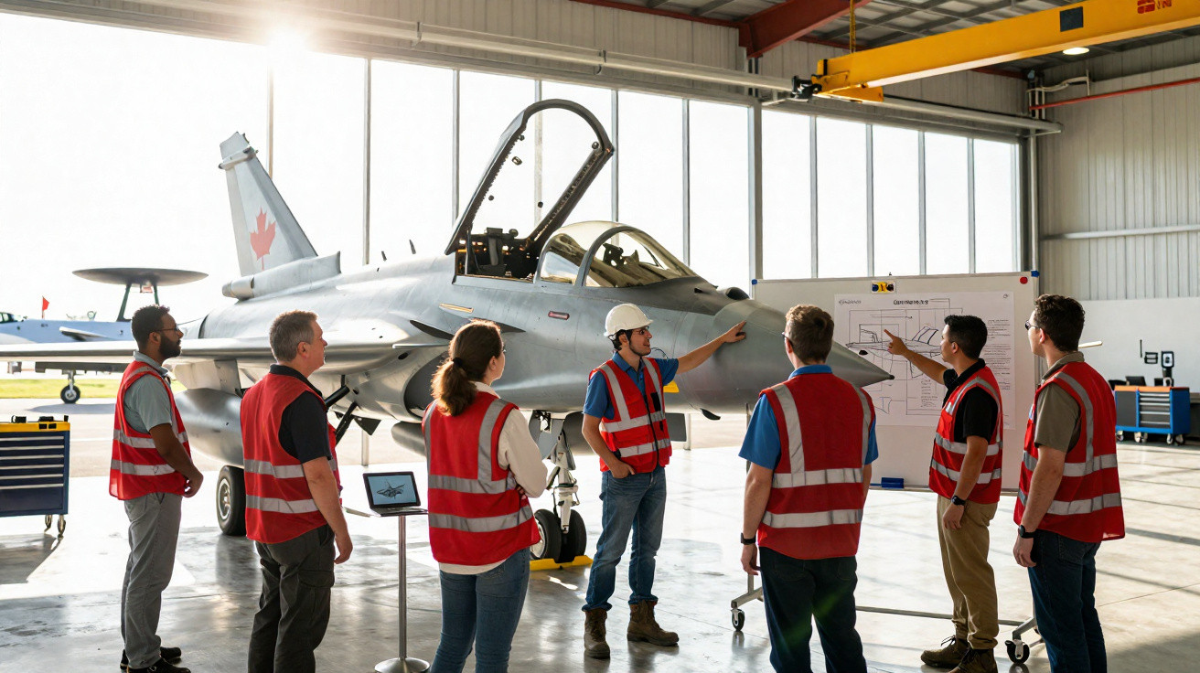 Equipe técnica com coletes de segurança em hangar discute projeto perto de caça militar estacionado com cabine aberta.