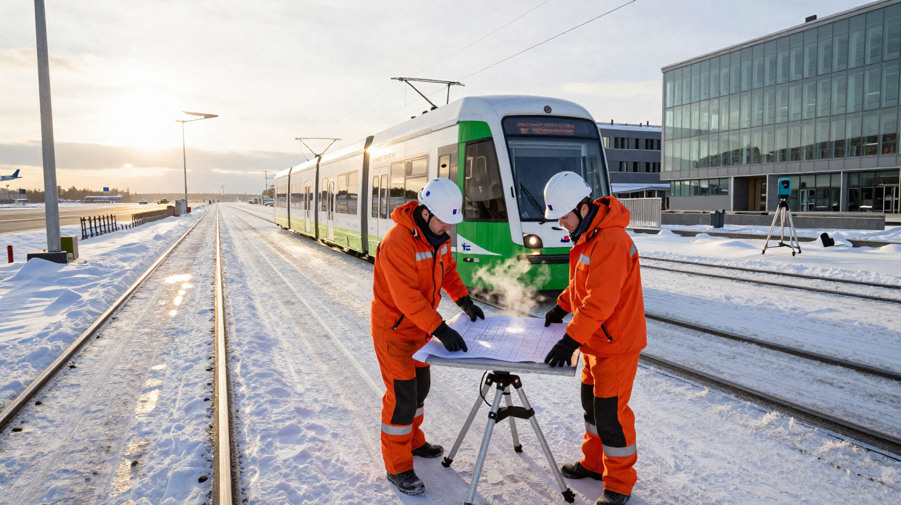 Dois trabalhadores em roupas laranja revisam planos em trilhos de trem cobertos de neve ao lado de um bonde verde e branco.