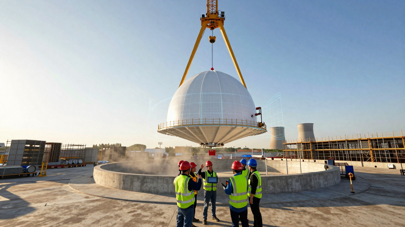 Operários com capacete e colete observam instalação de domo gigante suspenso por guindaste em obra industrial.