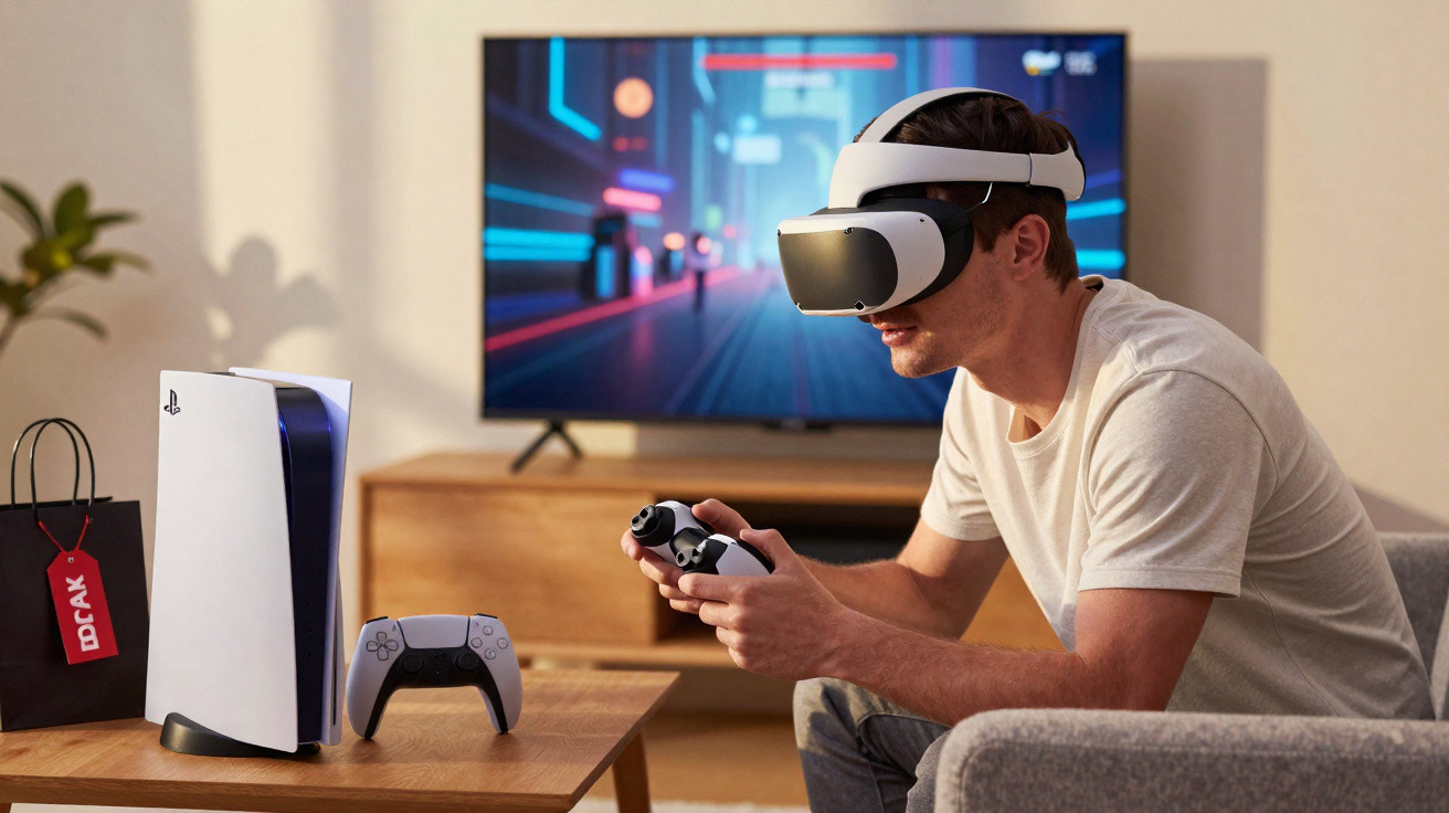 Homem usando óculos de realidade virtual e controlando jogo na PlayStation 5 na sala de estar.