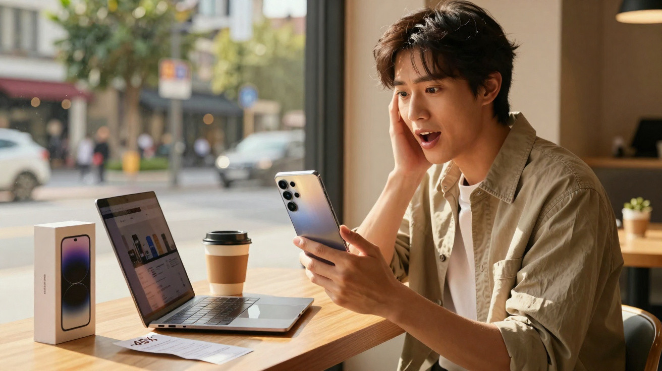 Jovem surpreso olhando smartphone enquanto está sentado em cafeteria com laptop e café na mesa.