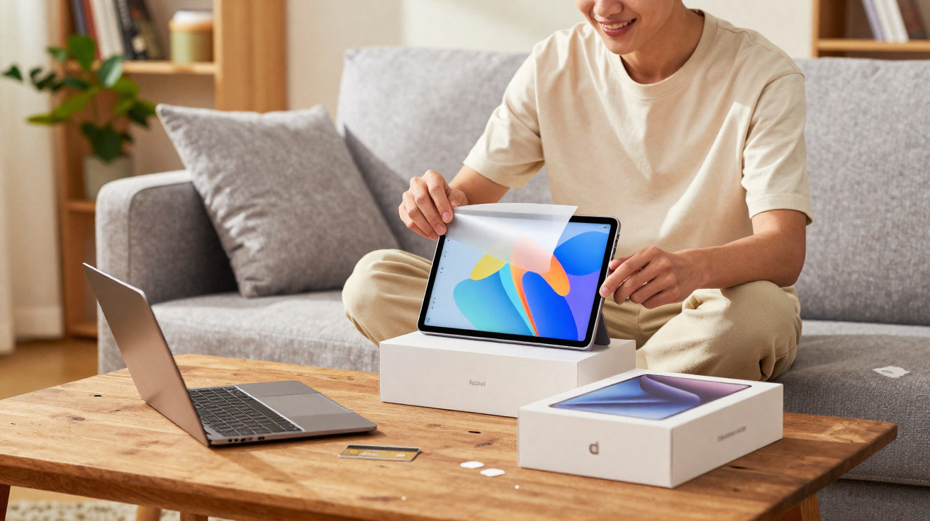 Pessoa desembrulhando tablet novo em sala com notebook e caixas na mesa de madeira.