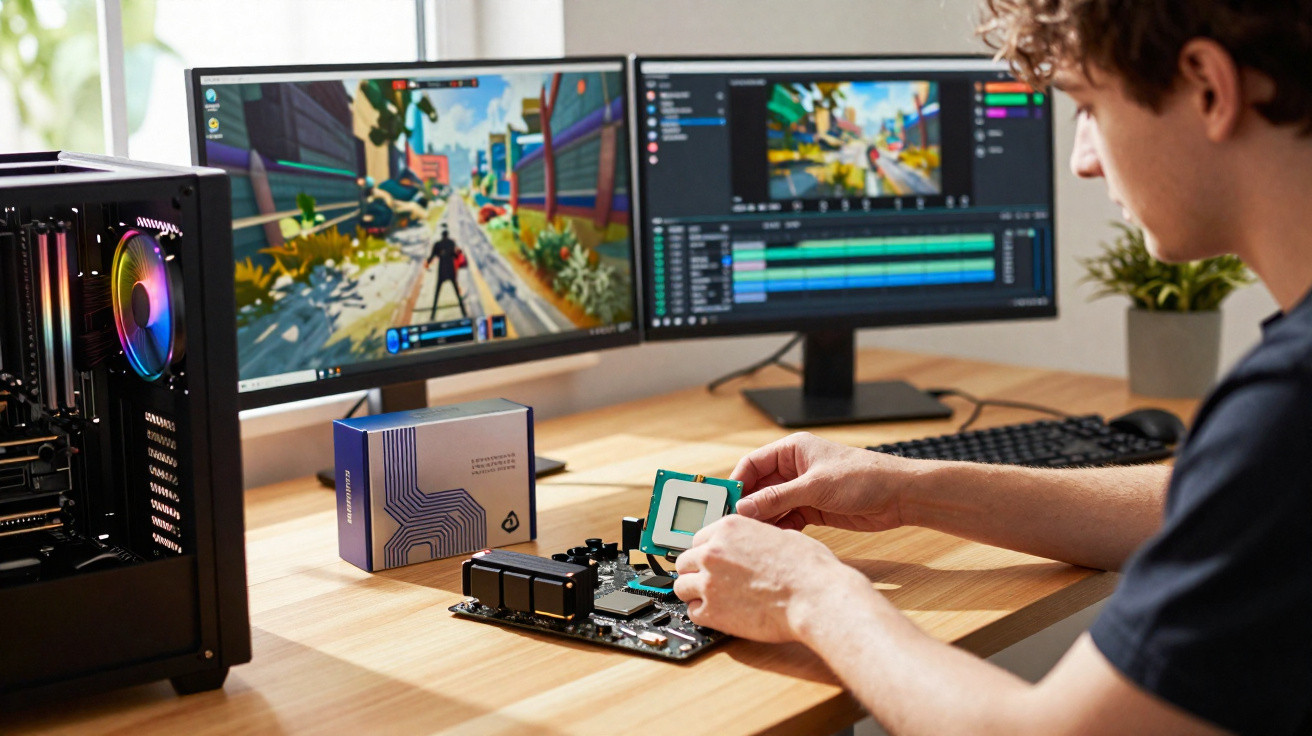 Pessoa montando processador em placa-mãe com dois monitores exibindo jogo e edição audiovisual.