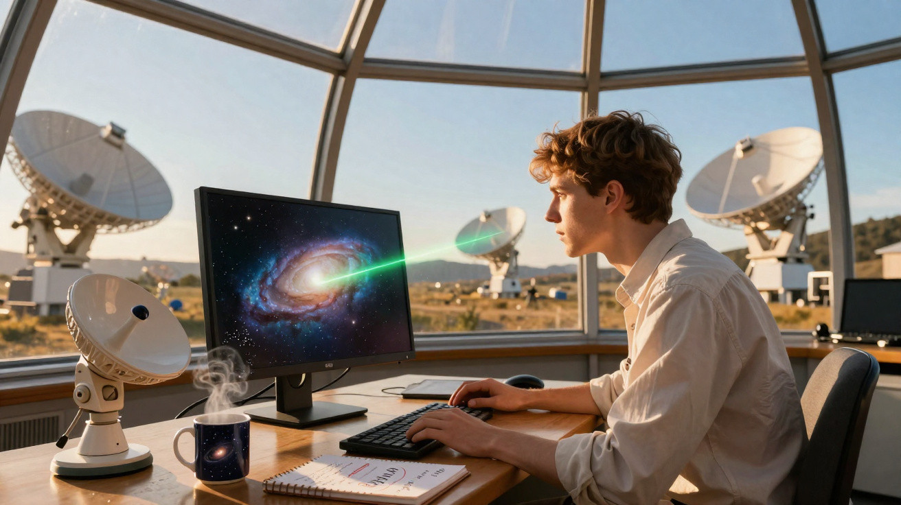 Jovem em torre de observação espacial com satélites, olhando tela de computador com galáxia e feixe verde.